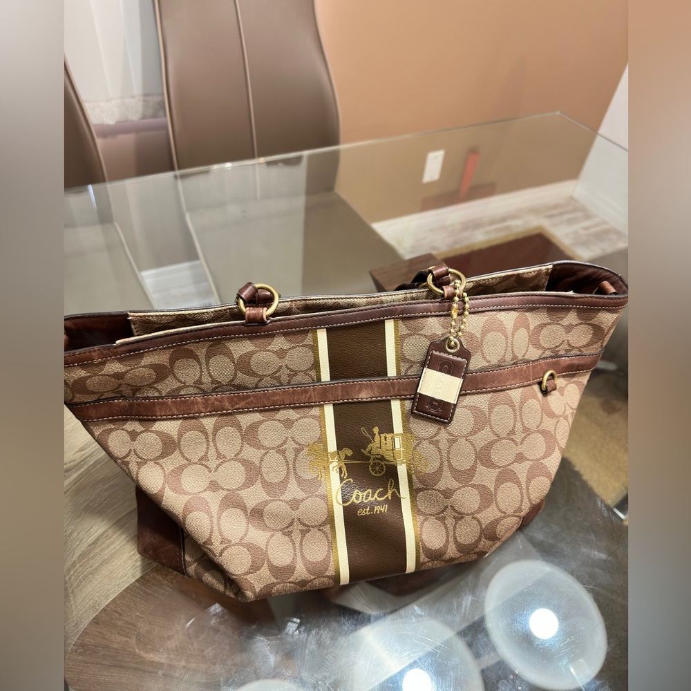 COACH Chelsea Heritage Beige/Brown Signature Coated Canvas Stripe XL Tote #12351